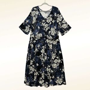 Ulla Popken Floral Midi Dress Size 2X Blue White Elbow Sleeve Dressy Casual